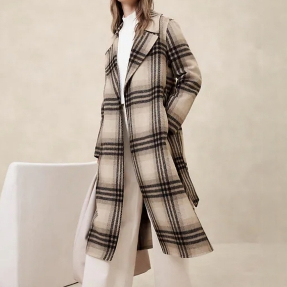 Banana Republic Double Face Wool Blend Tie Waist Wrap Coat White Plaid XL - Picture 10 of 10